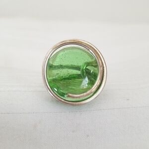 Green Stone Silver Spiral Round Ring